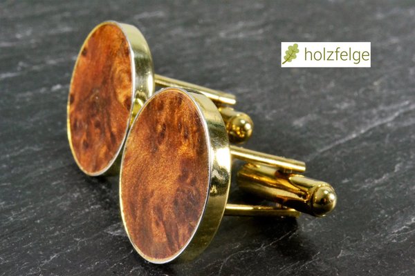 Holz-Manschettenknöpfe, 925-Silber, vergoldet, Thuja-Maserholz, Ø 18 mm