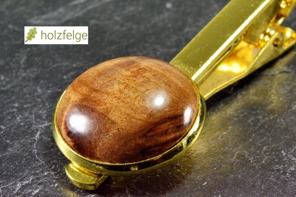Holz-Krawattenklammer, Gold-Optik, Thuja-Maserholz, Ø 18 mm