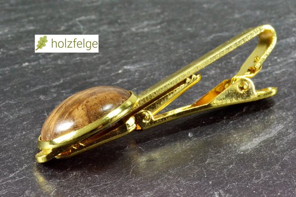 Holz-Krawattenklammer, Gold-Optik, Nussbaum-Maserholz, Ø 18 mm