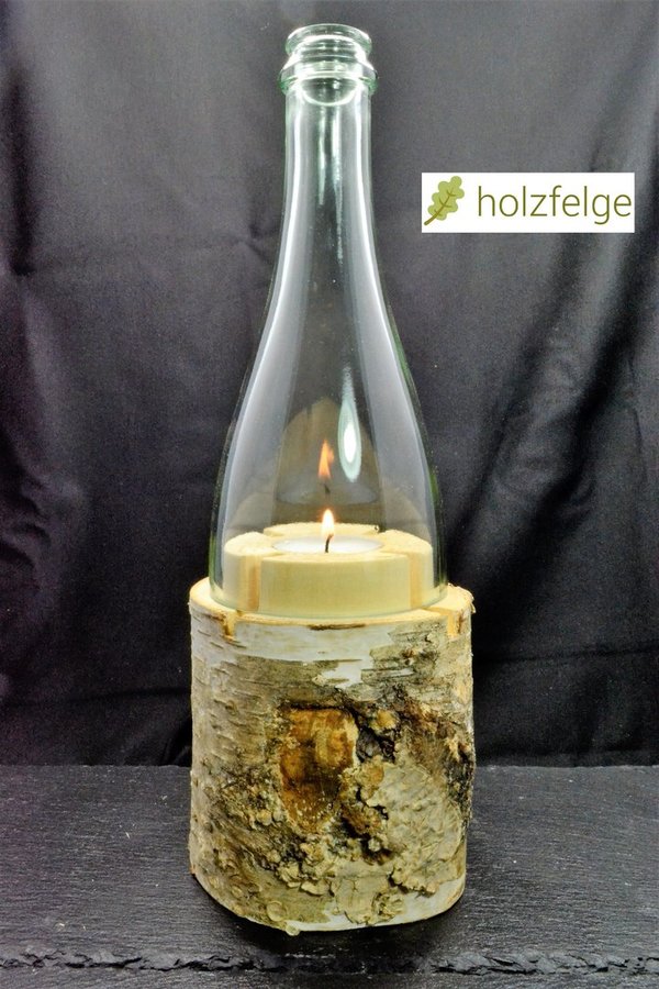 Holz-Flaschenwindlicht, Birkenholz mit Rind, klar