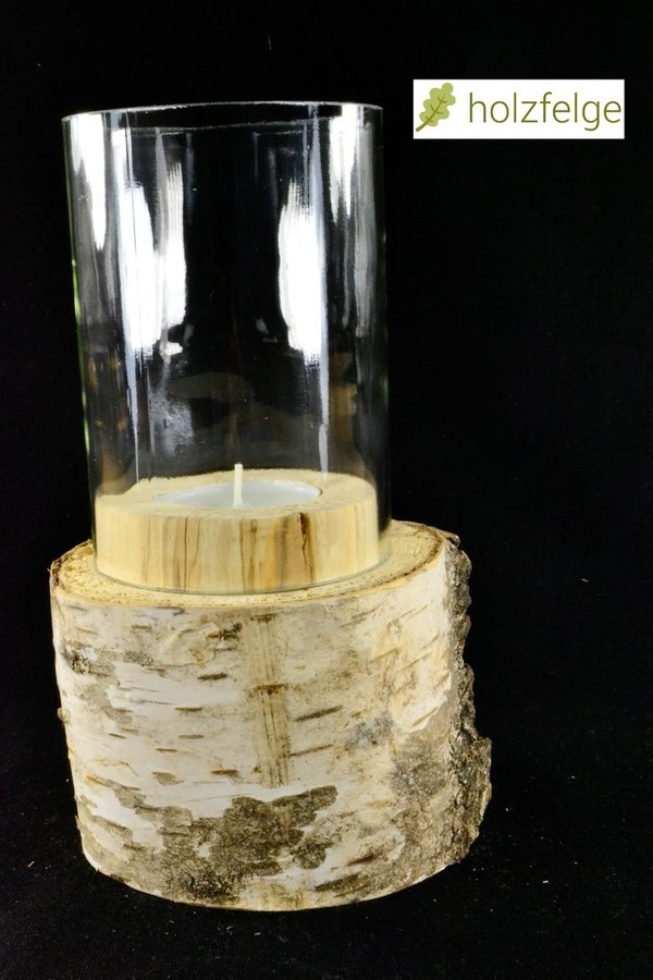Holz-Windlicht, Birkenholz (mit Rinde), 180 mm, klar