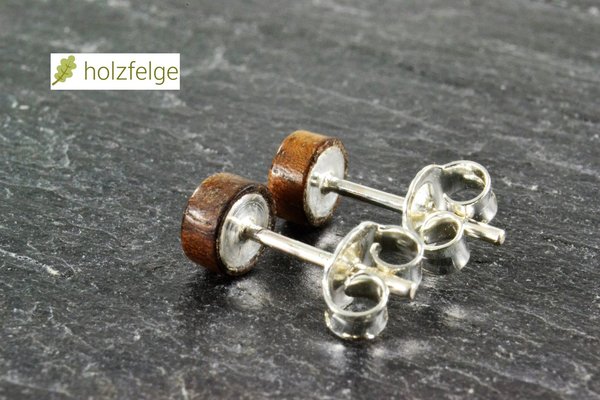 Holz-Ohrstecker, 925-Silber, Nussbaum-Maserholz, Ø 5 mm